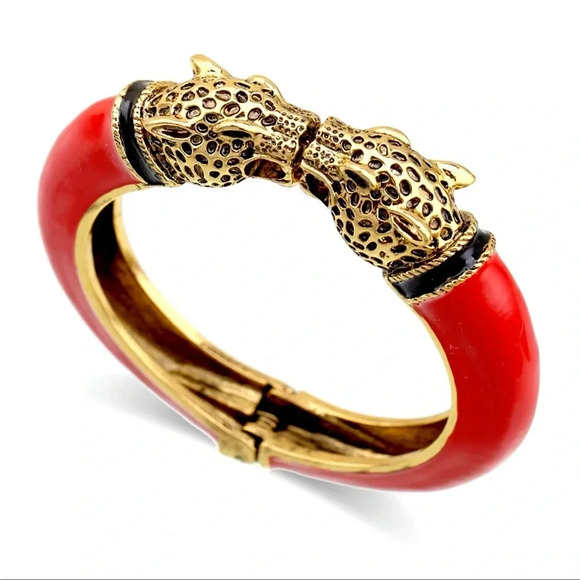 Anthropologie Jewelry - Gold Leopard Head Red Enamel Bangle Cuff Bracelet
